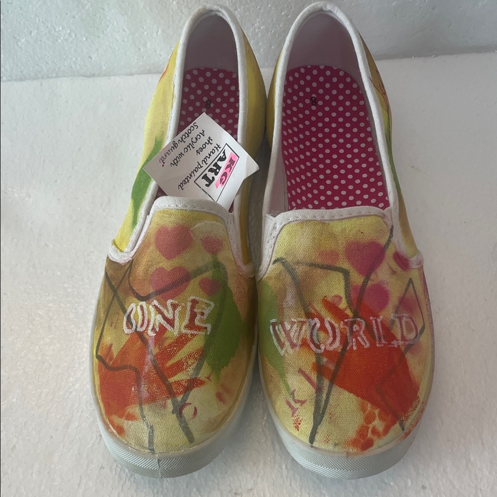 One World Sneakers Slip On Shoes hand crafted acrylic painted scotchguard NWTS